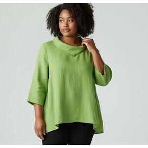 Yushi Wide Collar Tunic Large Lightweight Lime Green 3/4 Sleeve Boxy Lagenlook